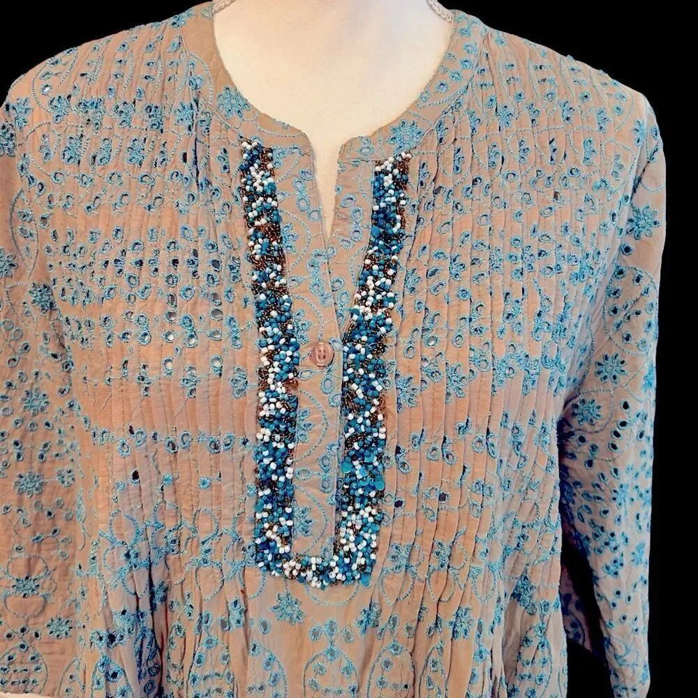 Janis Peace and Love Vintage Embroidered Eyelet Top Tunic Dress Size Large - Picture 2 of 10